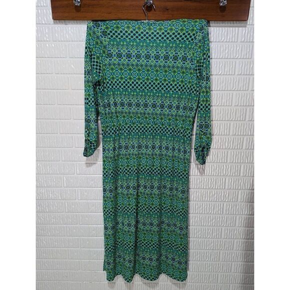 Ambernoon II size 1X Women's Green Printed Long-Sleeve Faux Wrap Midi Dress - Picture 3 of 6